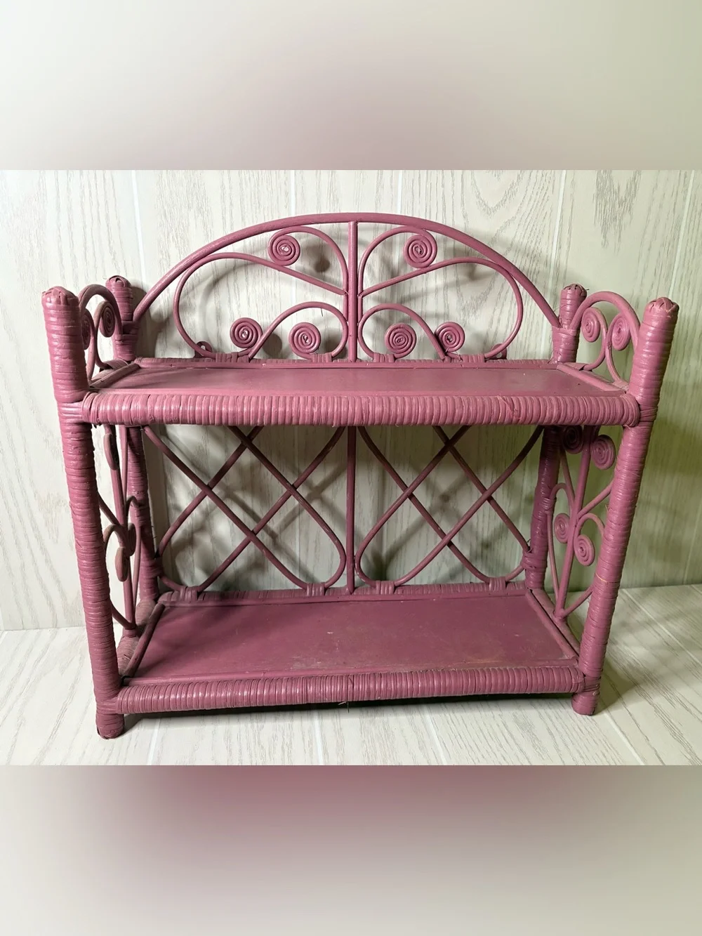 Vintage 1970’s Rattan Wicker Bamboo Wall Shelf Pink